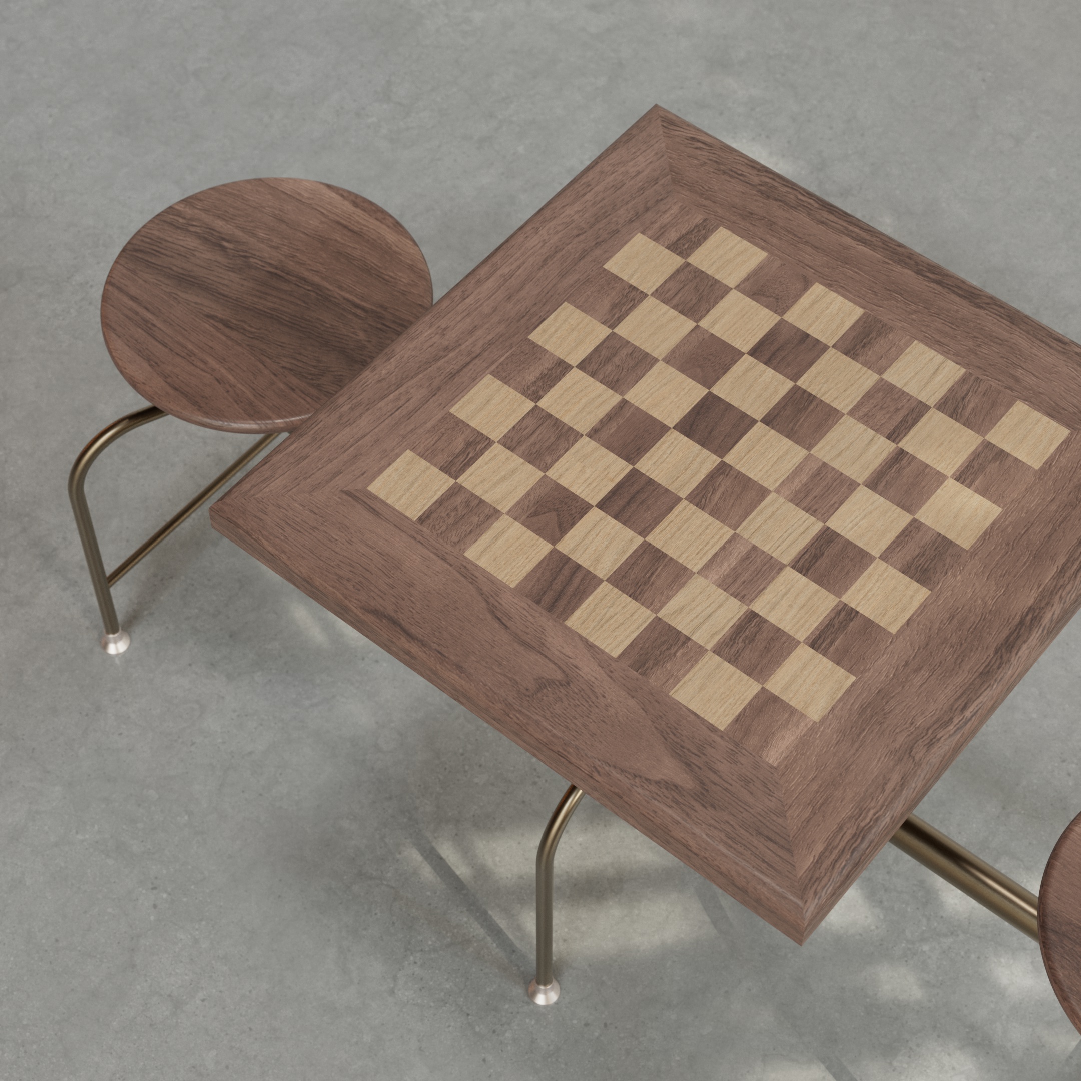 Chess Booth/Dinette with walnut seats and border, walnut and oak checkered top, Dirty Brass steel frame