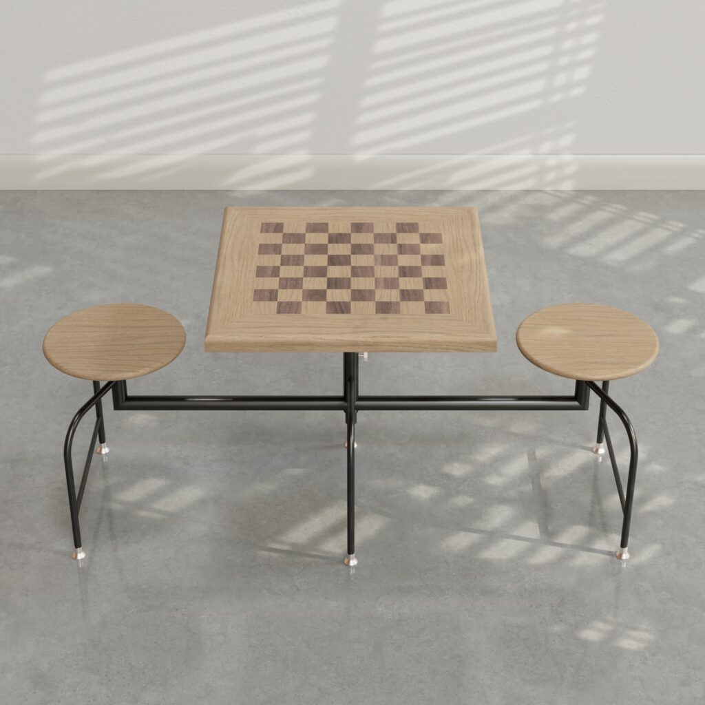 Chess Booth/Dinette with Oak seats and border, walnut and oak checkered top, Black steel frame