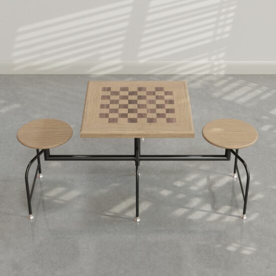 Chess Booth/Dinette with Oak seats and border, walnut and oak checkered top, Black steel frame