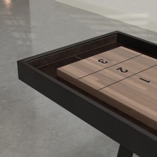 Corner of A-Frame Shuffleboard Table with chocolate leather bumper