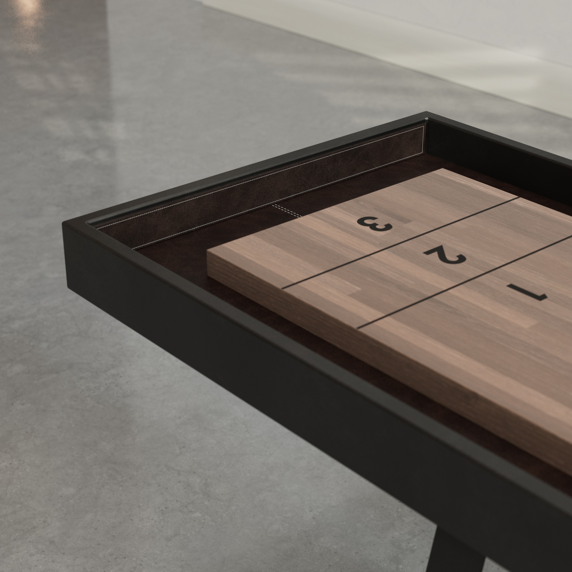 Corner of A-Frame Shuffleboard Table with chocolate leather bumper