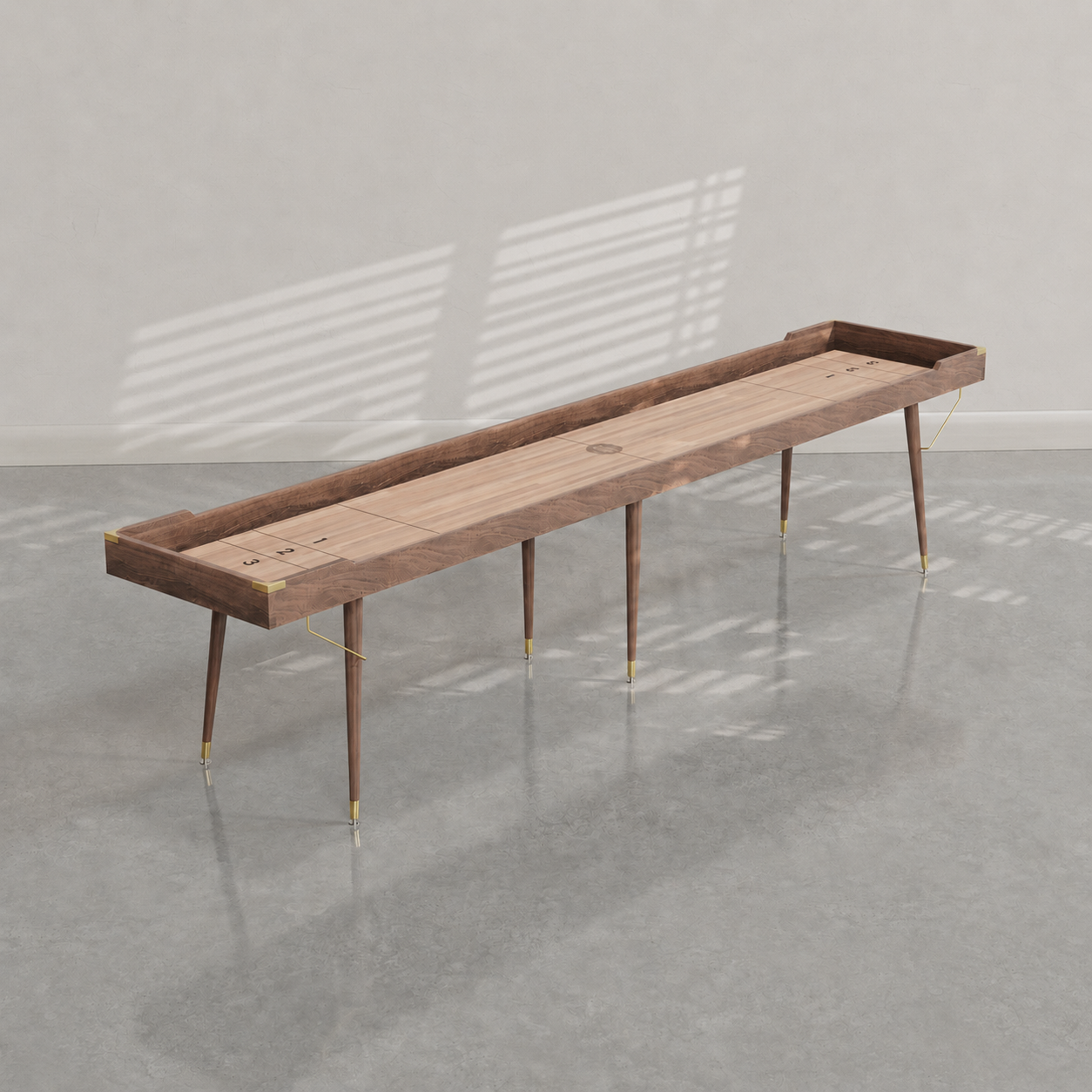 Natural Walnut Featherlight Shuffleboard Table with Oak playfield and brass hardware