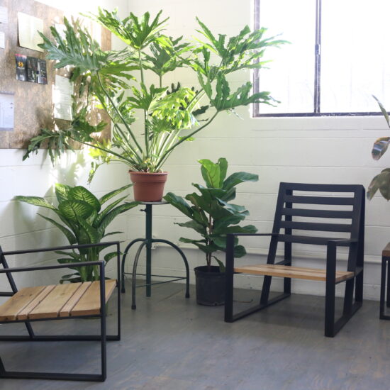 Steel Indoor/Outdoor Lounge Chair with Oak Seats