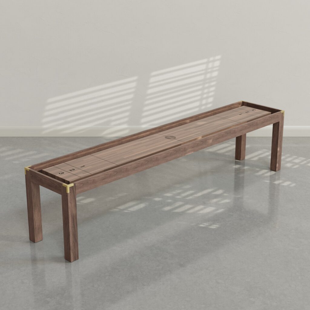 District Mills Wood Parsons Shuffleboard Table, walnut playing surface, chocolate leather gutters