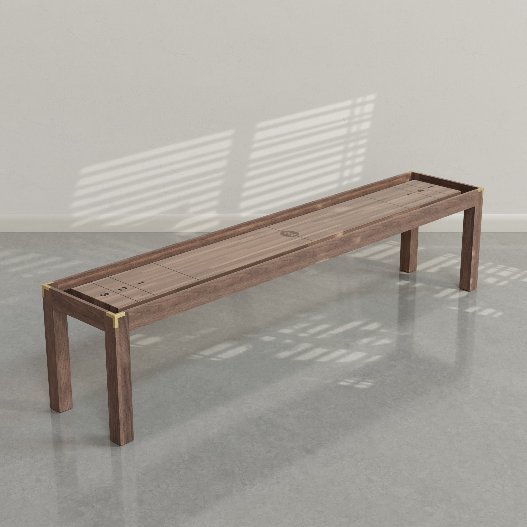 District Mills Wood Parsons Shuffleboard Table, walnut playing surface, chocolate leather gutters