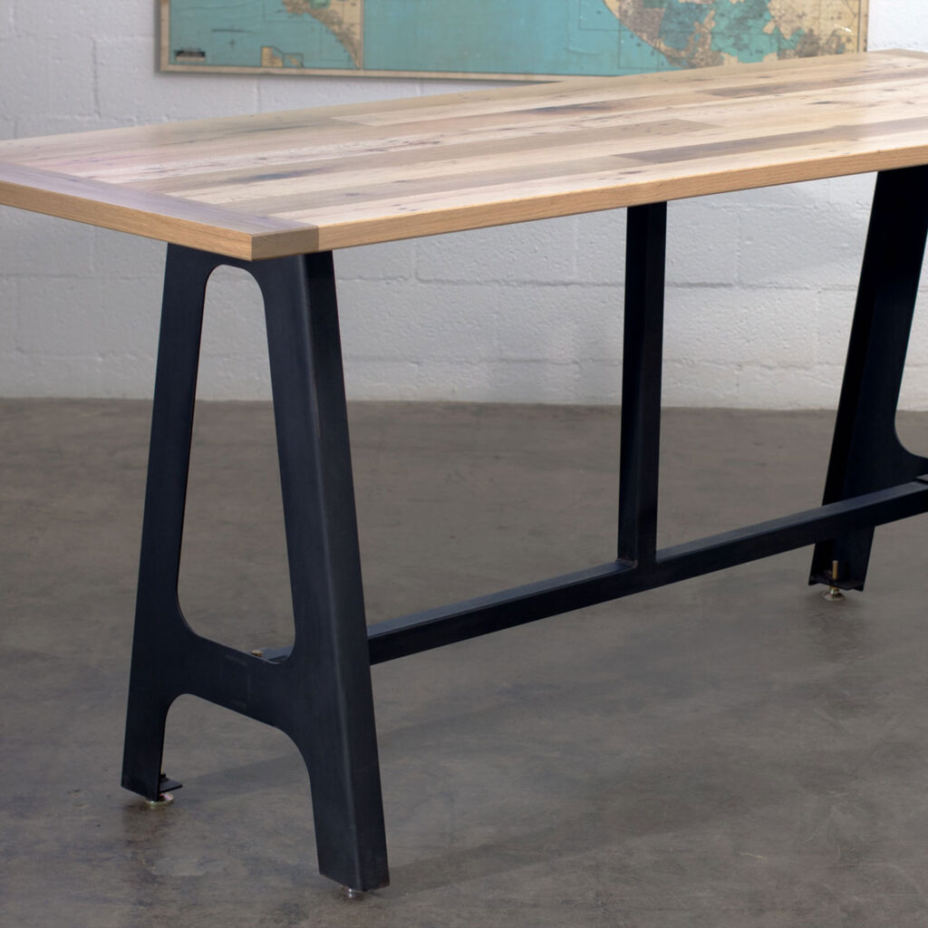 High A-Frame Dining Table, Black Steel A-Frame Legs with Oak dining tabletop, breadboard framed