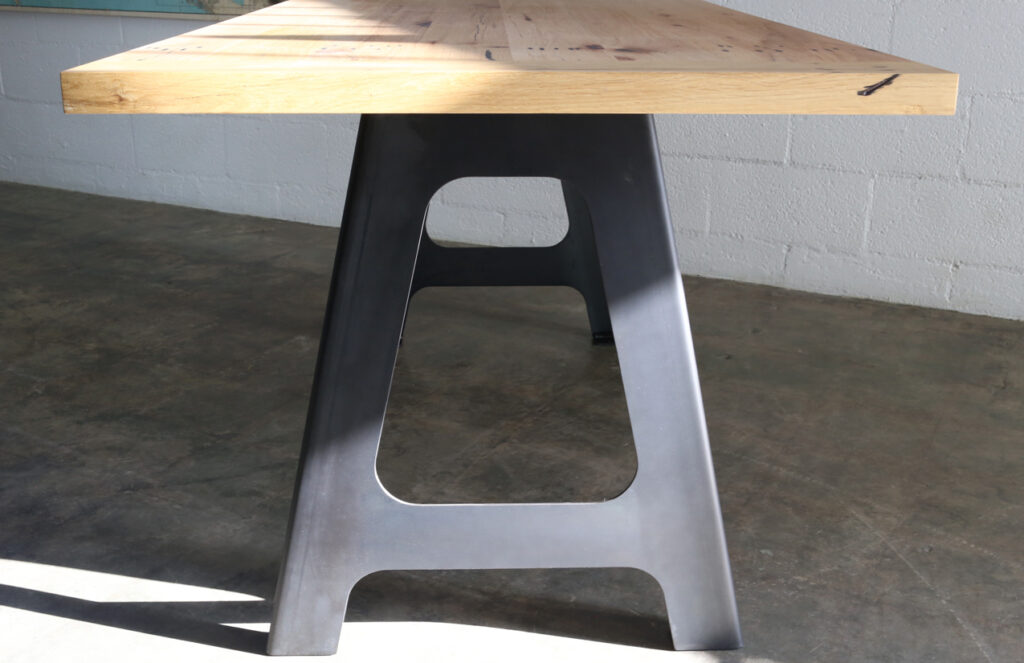 A-Frame Dining Table with Oak tabletop and blackened steel A-Frame legs
