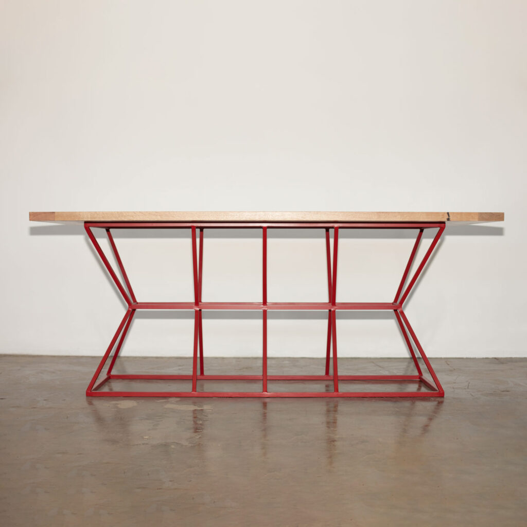 Hourglass Dining Table, Red Hourglass base and Oak Top