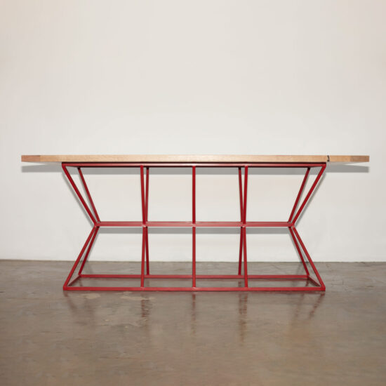 Hourglass Dining Table, Red Hourglass base and Oak Top