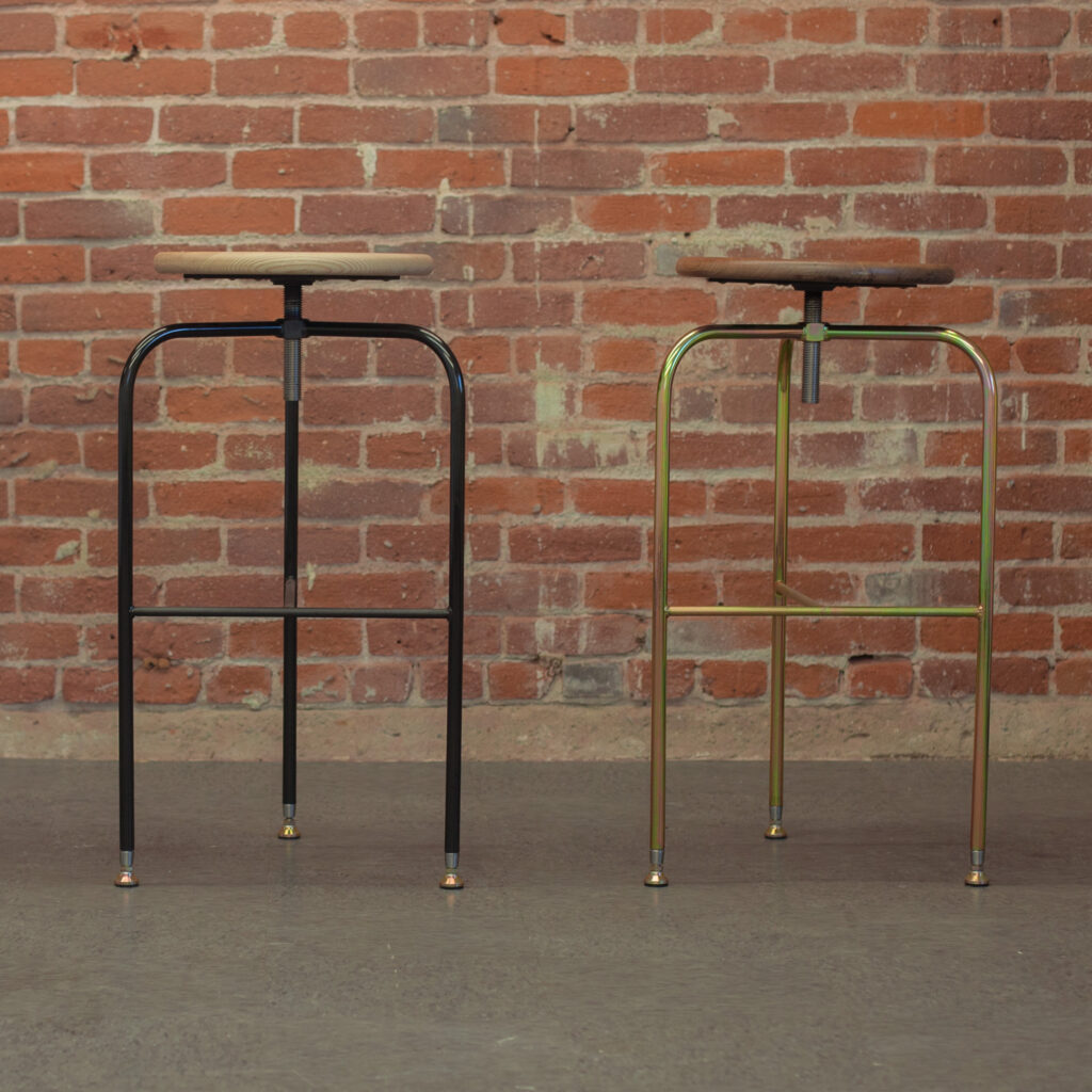 Bar Stools, Black Steel Base with Oak Seat and Yellow Zinc Base with Walnut Seat
