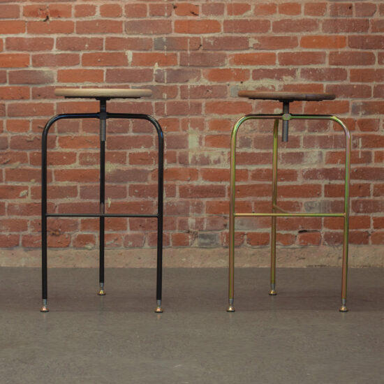Bar Stools, Black Steel Base with Oak Seat and Yellow Zinc Base with Walnut Seat