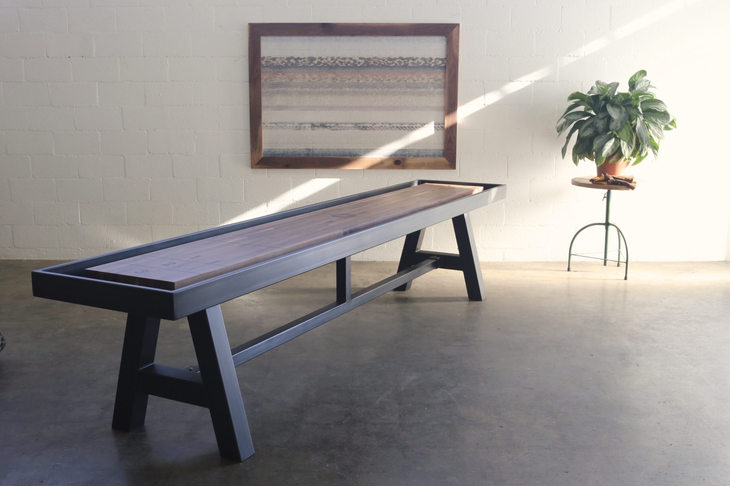 Black Industrial Steel Shuffleboard Table with Walnut playfield