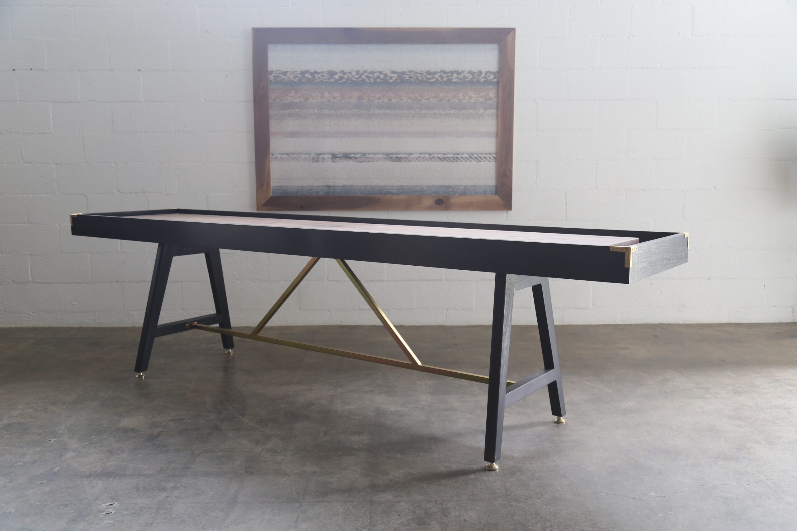 Black and Tan Shuffleboard Table, Blackened Oak Frame, Walnut playfield, Yellow Zinc Stretcher Bar