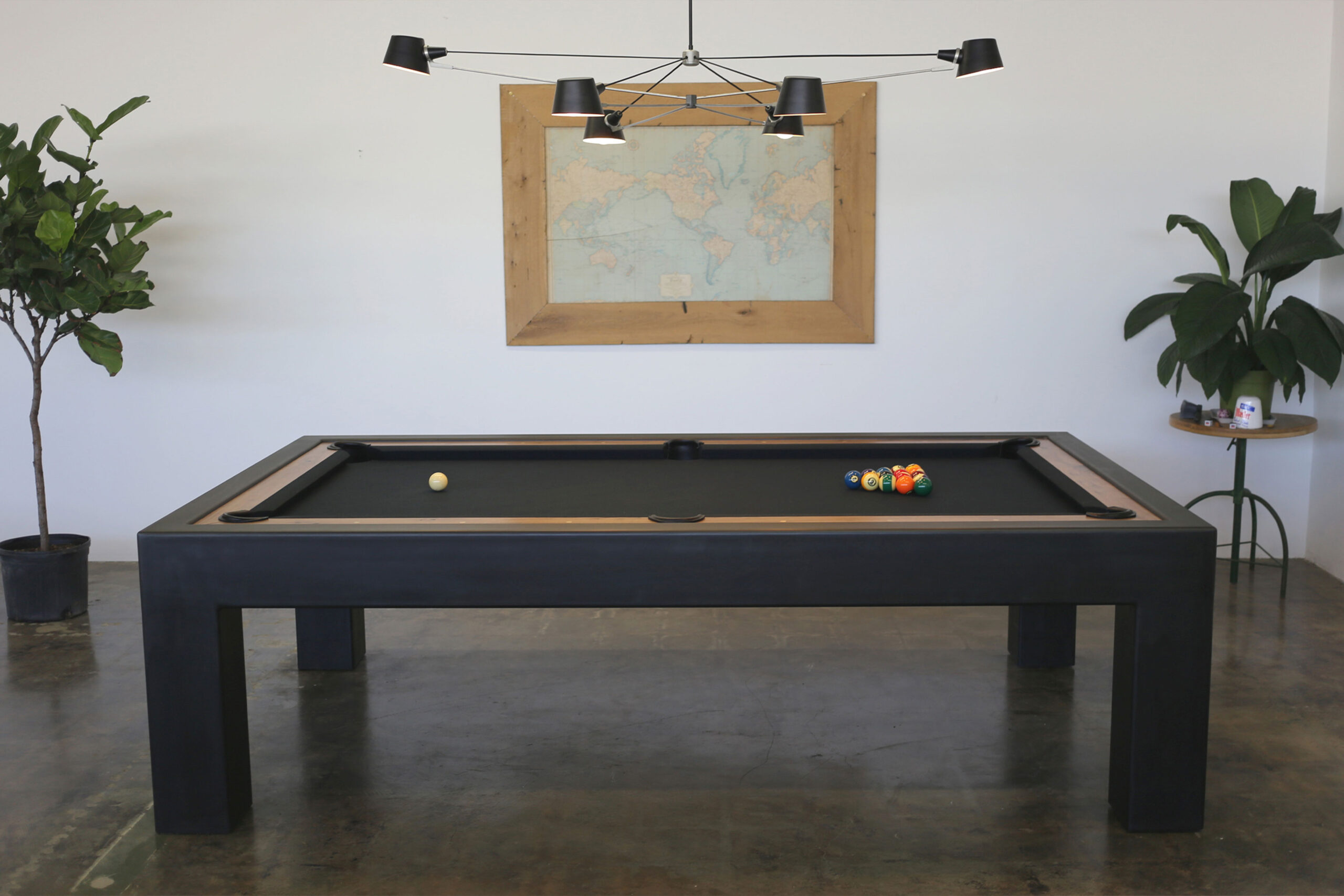 Blackened Steel Parsons Pool Table with Natural Walnut Wood Rail and Black Cloth