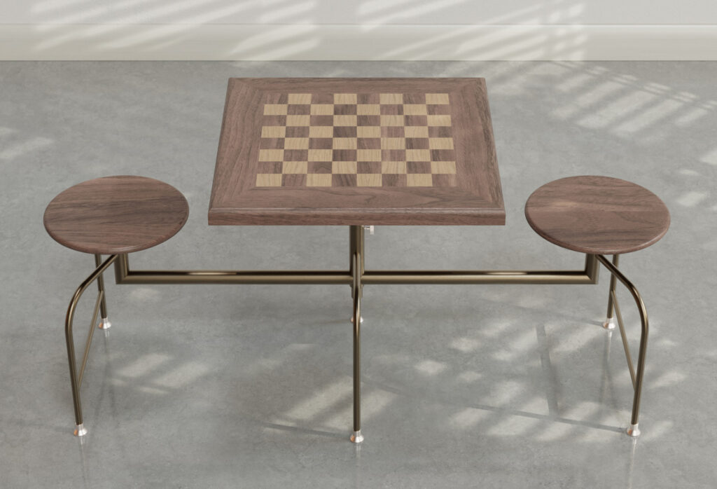 Chess Booth/Dinette, Dirty Brass frame, Walnut seats and Walnut framed board with oak and walnut checkers