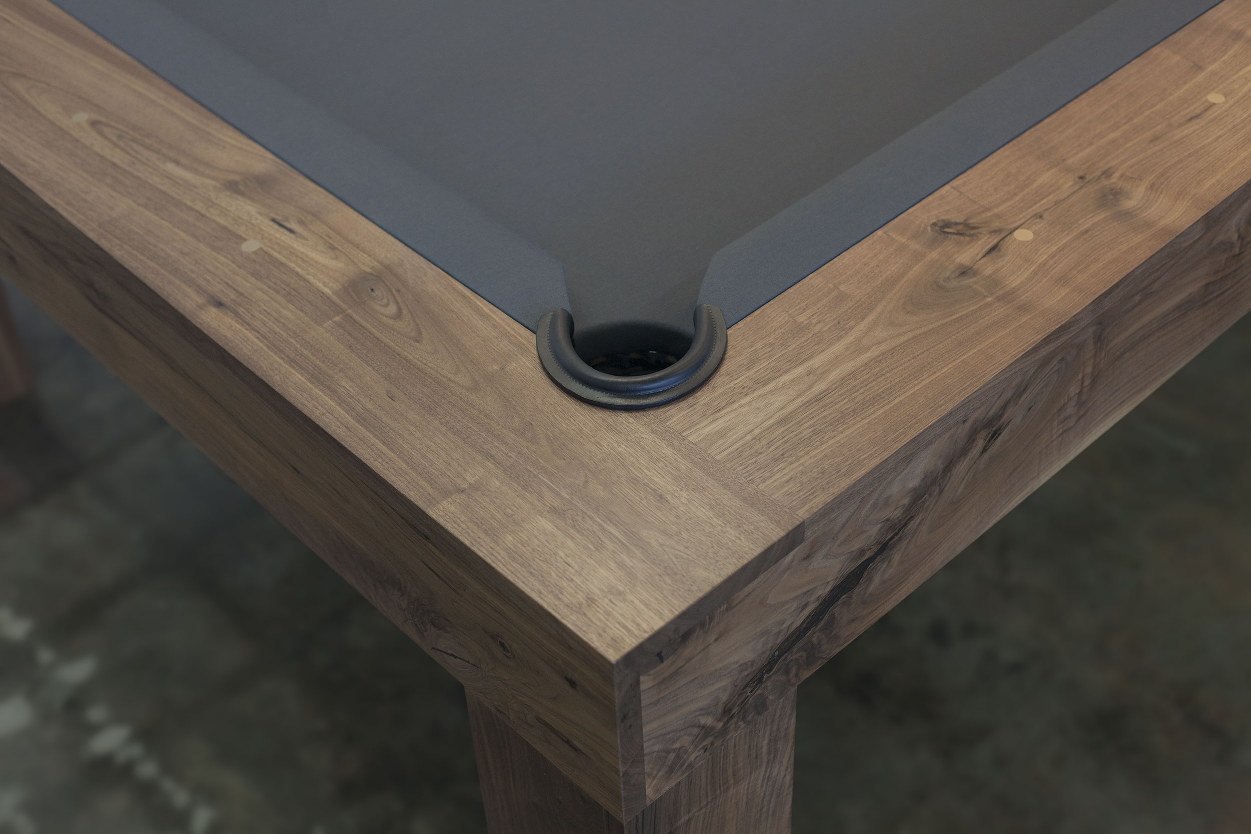 Corner of Natural Walnut Wood Parsons Pool Table with Slate Grey Cloth