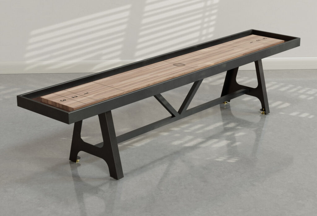 Black A-Frame Shuffleboard Table with Oak Playfield and Chocolate Leather Gutters